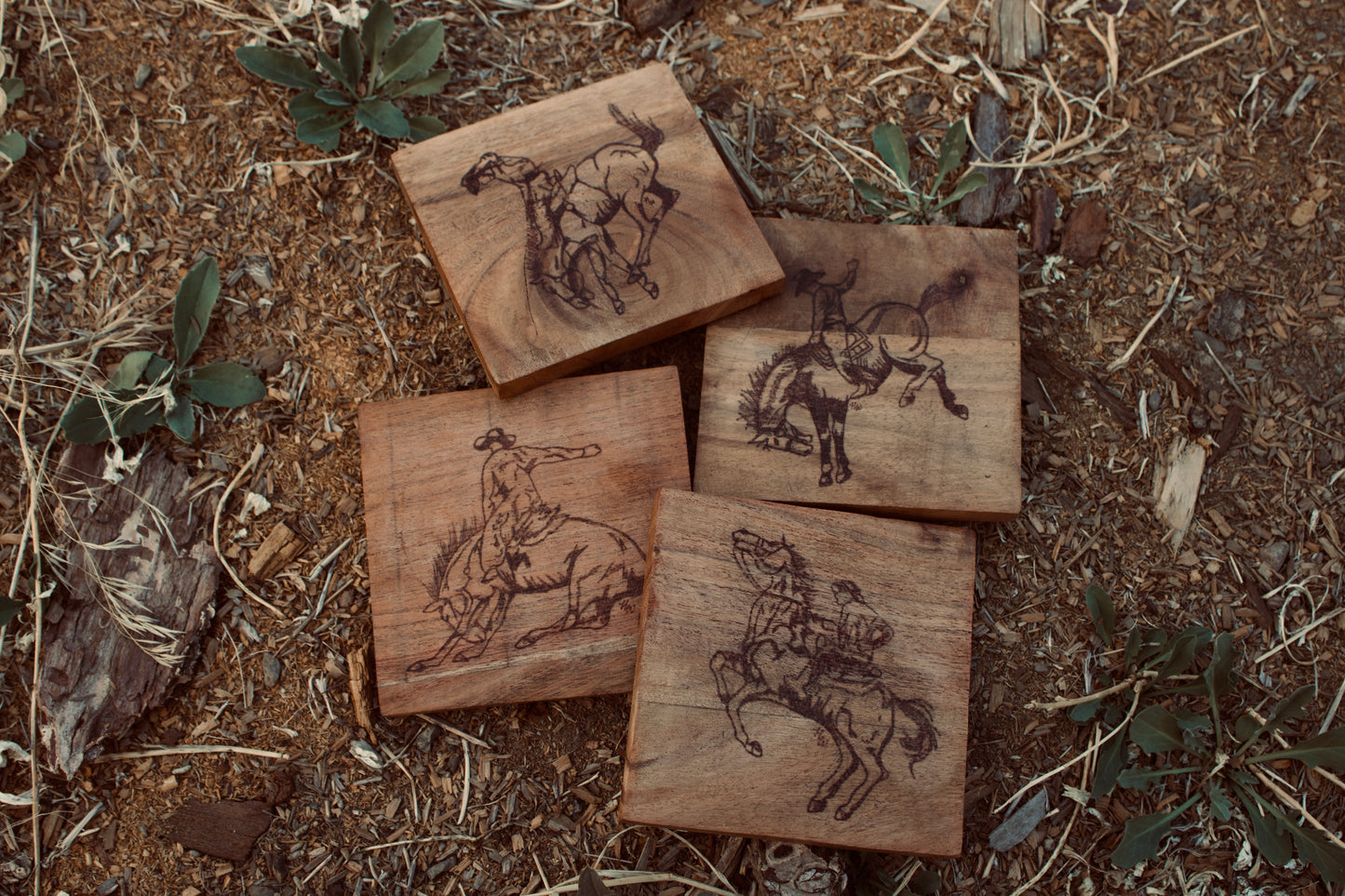 Wood Burned Cowboy Coaster Set of 4