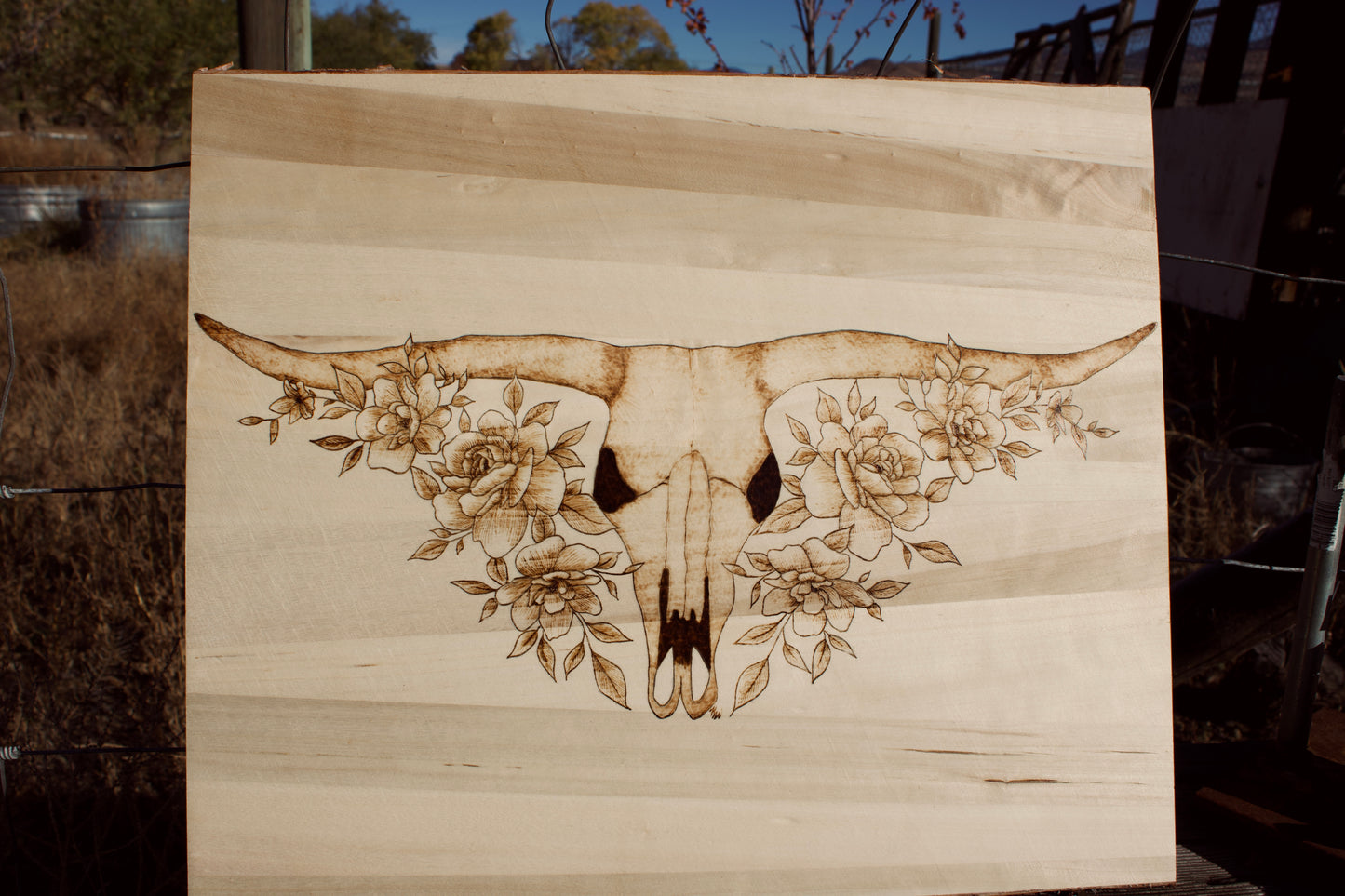 Longhorn Floral Skull Pyrography Art