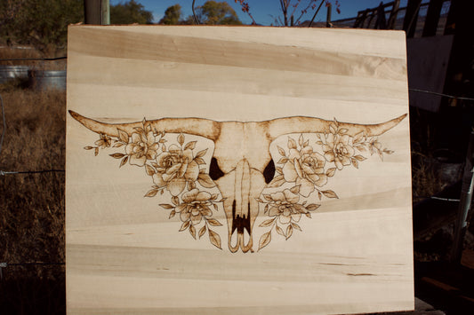 Longhorn Floral Skull Pyrography Art