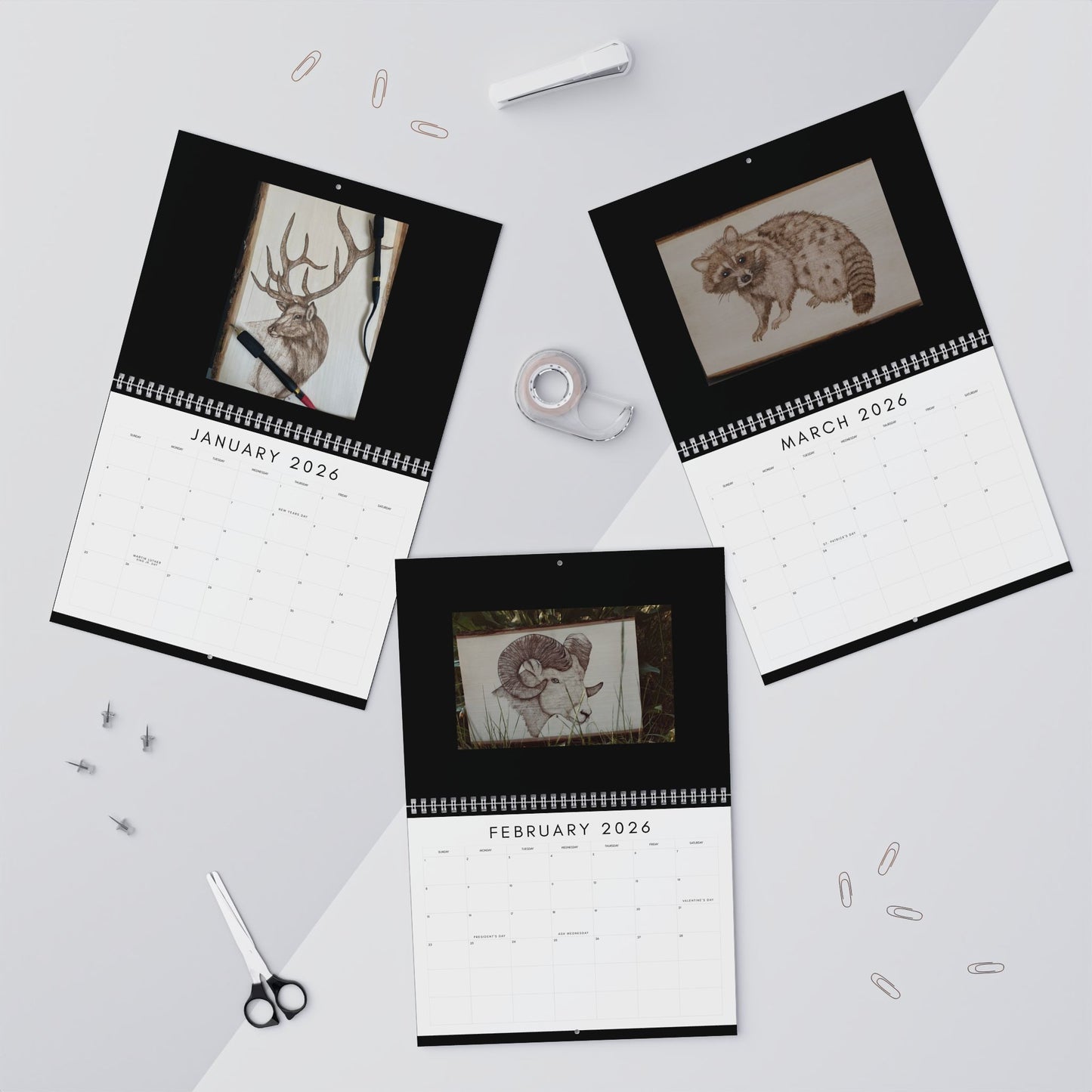 Wildlife Pyrography 2026 Wall Calendar