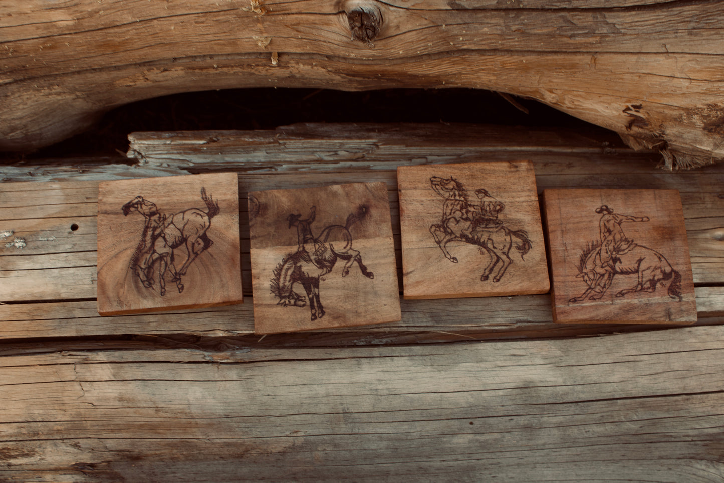 Wood Burned Cowboy Coaster Set of 4