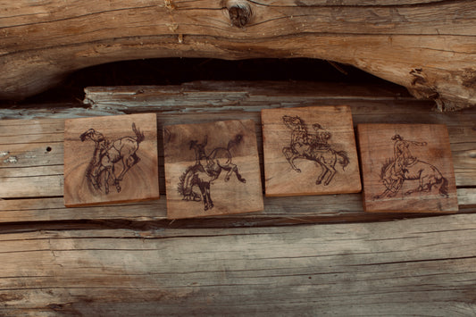 Wood Burned Cowboy Coaster Set of 4