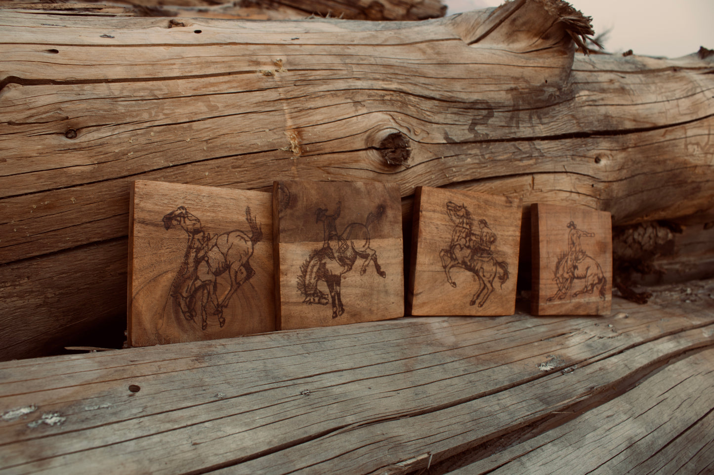 Wood Burned Cowboy Coaster Set of 4