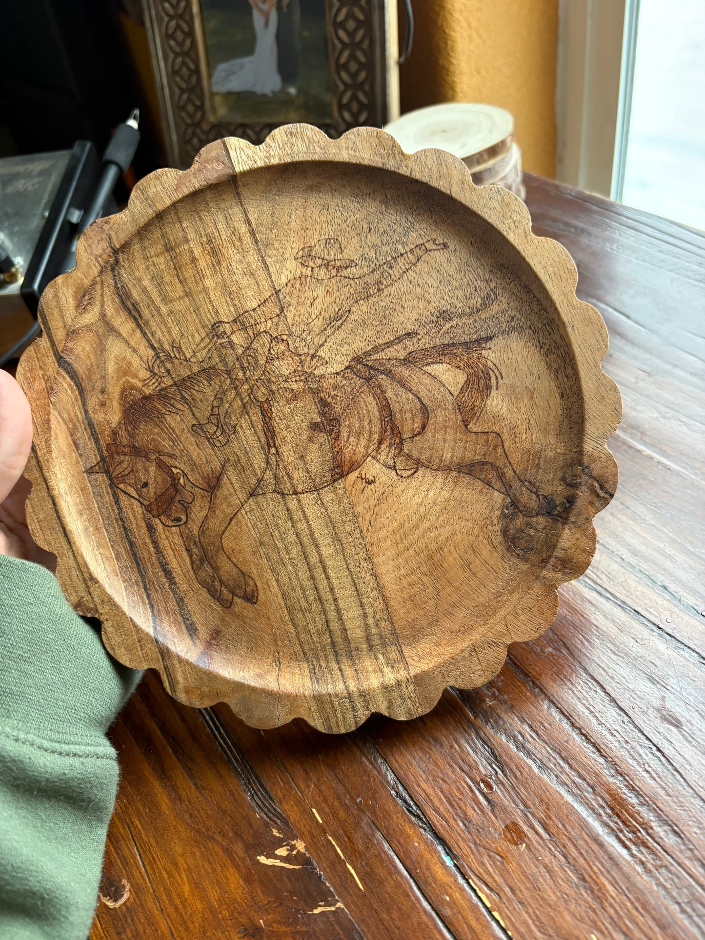 Bronc Rider Wood Stand with Glass Dome