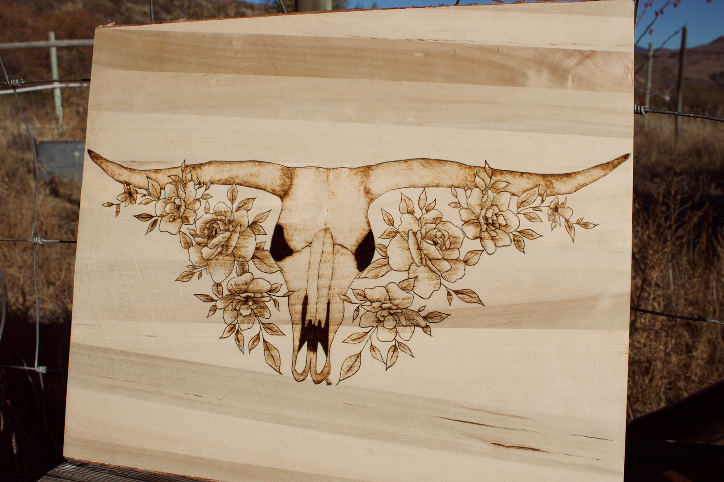 Longhorn Floral Skull Pyrography Art