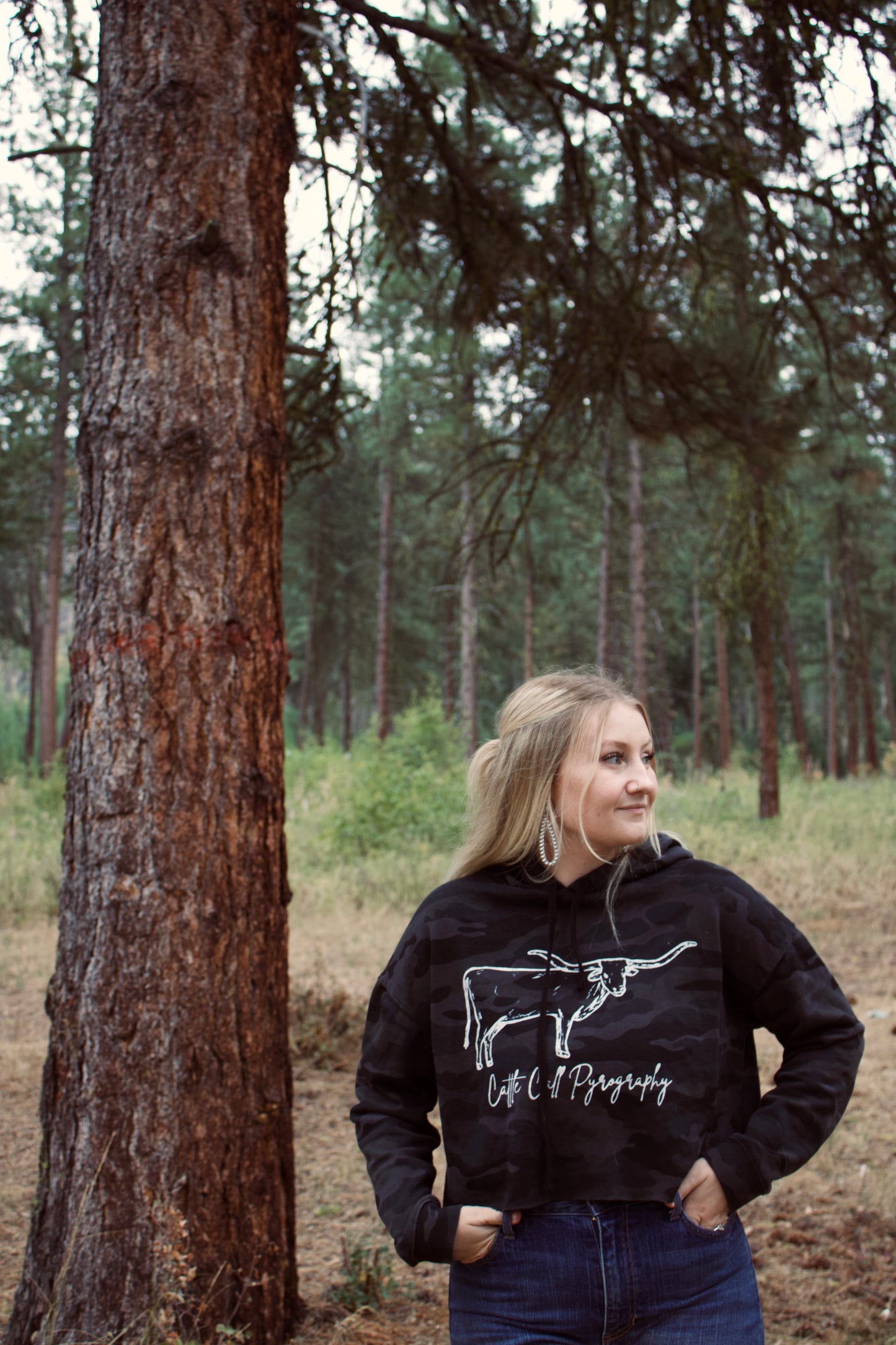 Cropped Hoodie Cattle Call Pyrography Logo Women's