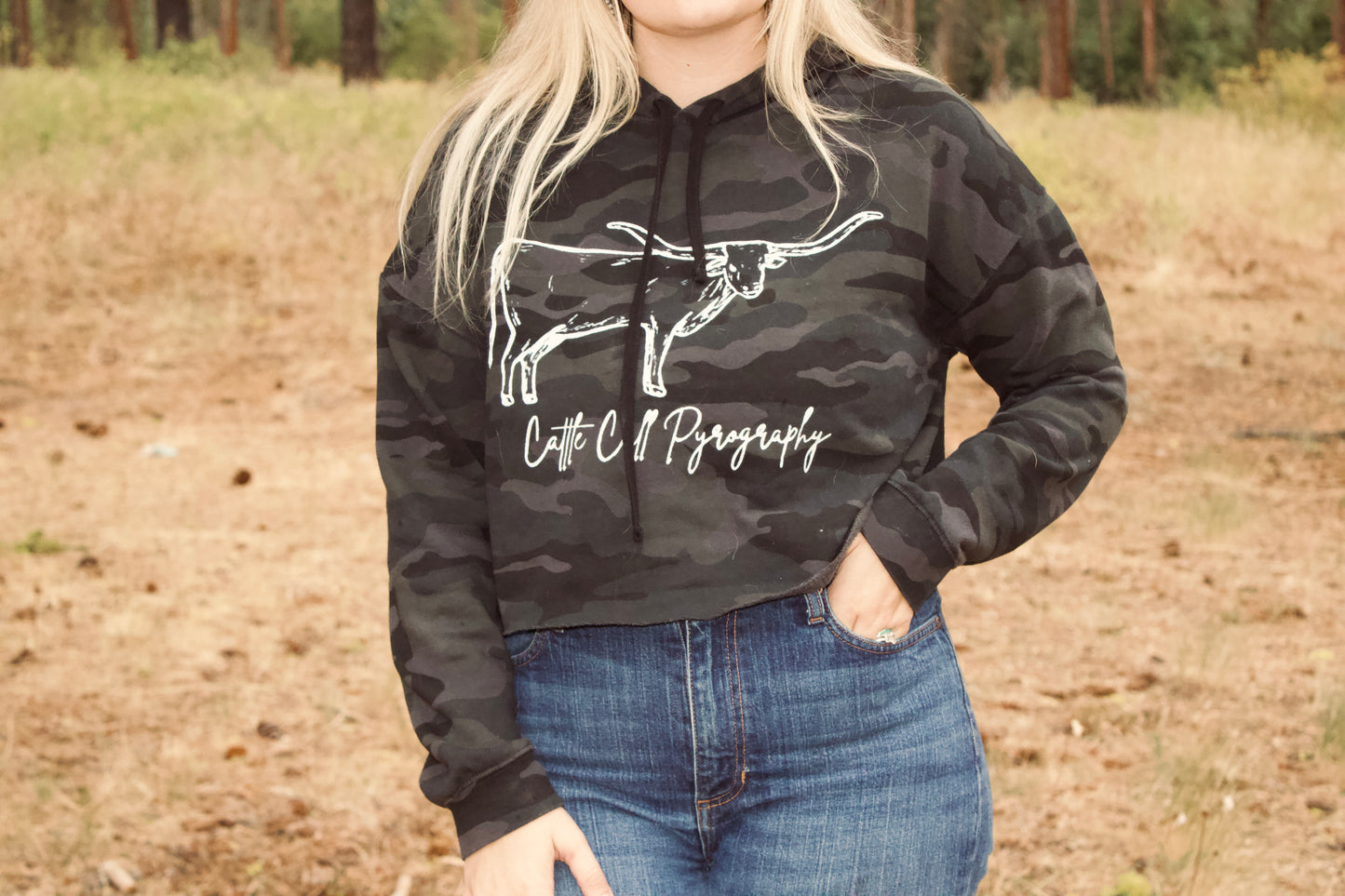 Cropped Hoodie Cattle Call Pyrography Logo Women's
