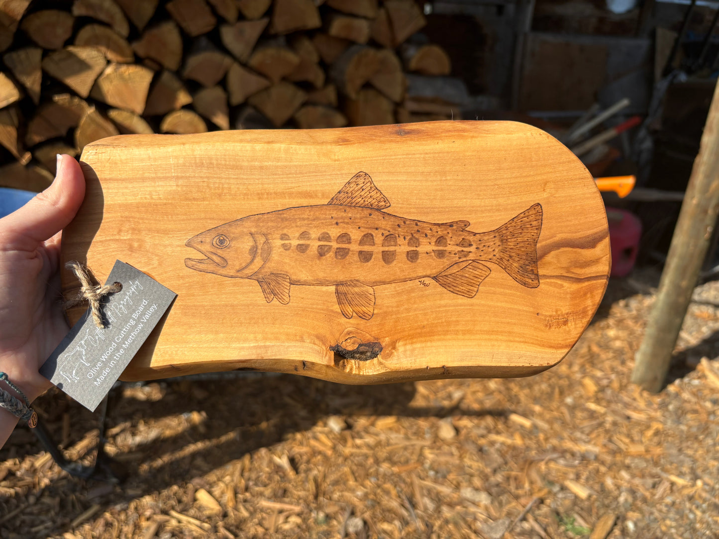 Wood Burned Golden Trout Olive Wood Charcuterie Board