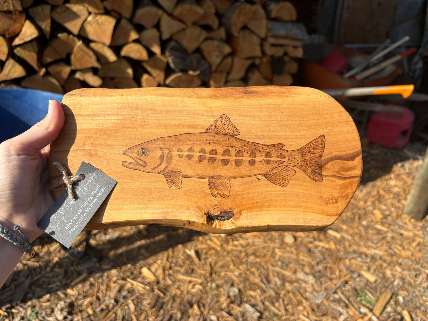Wood Burned Golden Trout Olive Wood Charcuterie Board