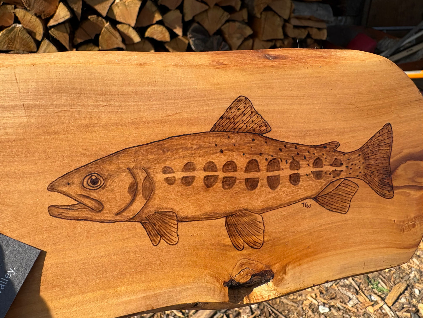 Wood Burned Golden Trout Olive Wood Charcuterie Board