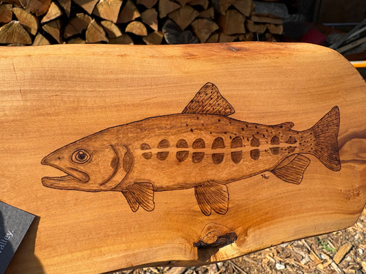 Wood Burned Golden Trout Olive Wood Charcuterie Board
